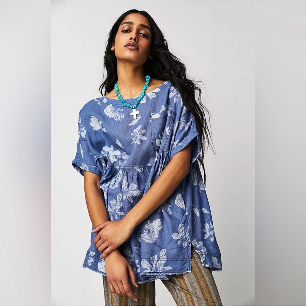 Free People Floral Peplum Chambray Blouse
